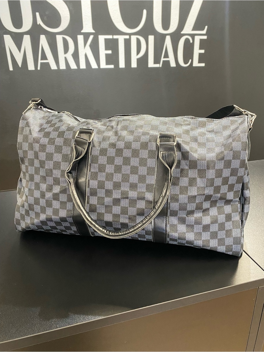 Designer Inspired Checkered Travel Bag in Gray and Black